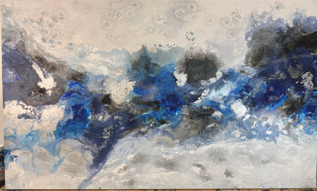 Blue, charcoal, and silver abstract painting photographed in the studio.
