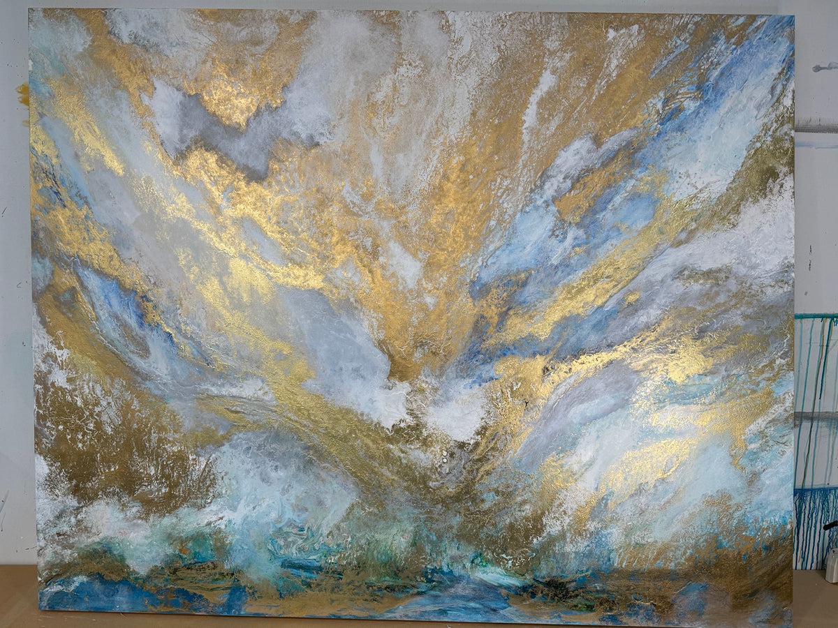 Large abstract painting with luminous gold, pale blue, and white layers.
