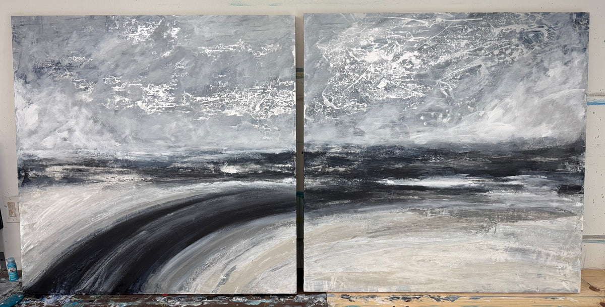 Silver, white, and charcoal abstract landscape diptych in the studio.