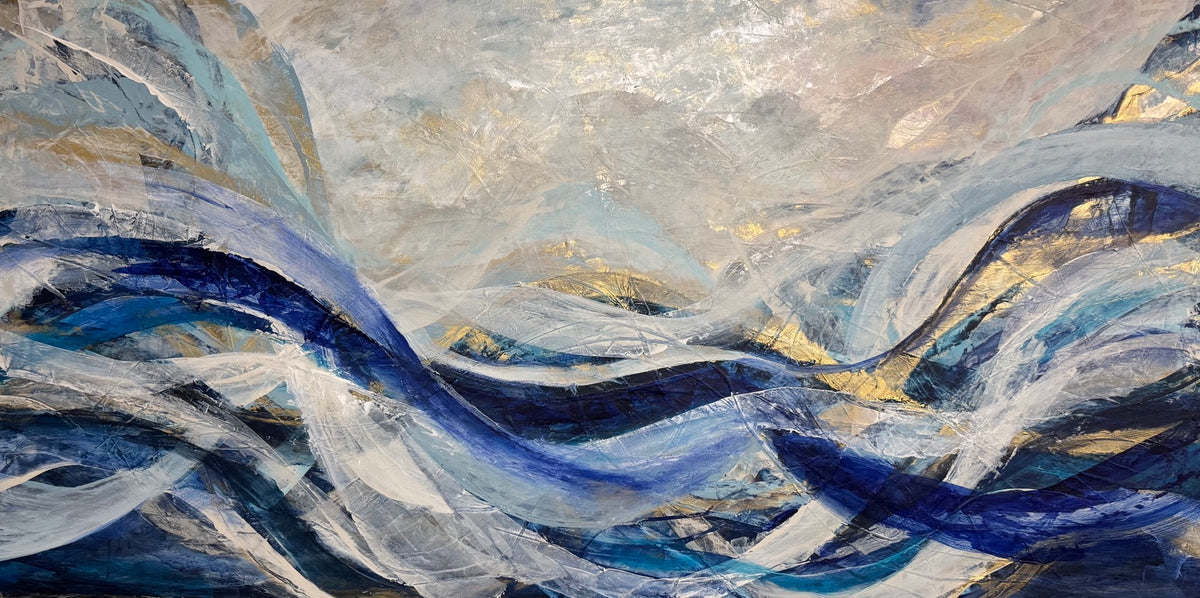 Waters Run Deep by Blakely Bering, a 60 by 30 inch painting in blue, white, and gold.